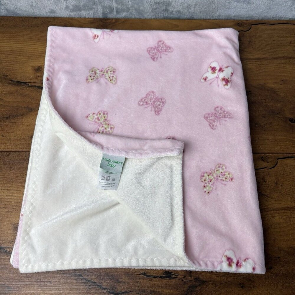 Laura‎ Ashley Baby Blanket Pink Butterflies Cream Ivory Security Plush 30x34